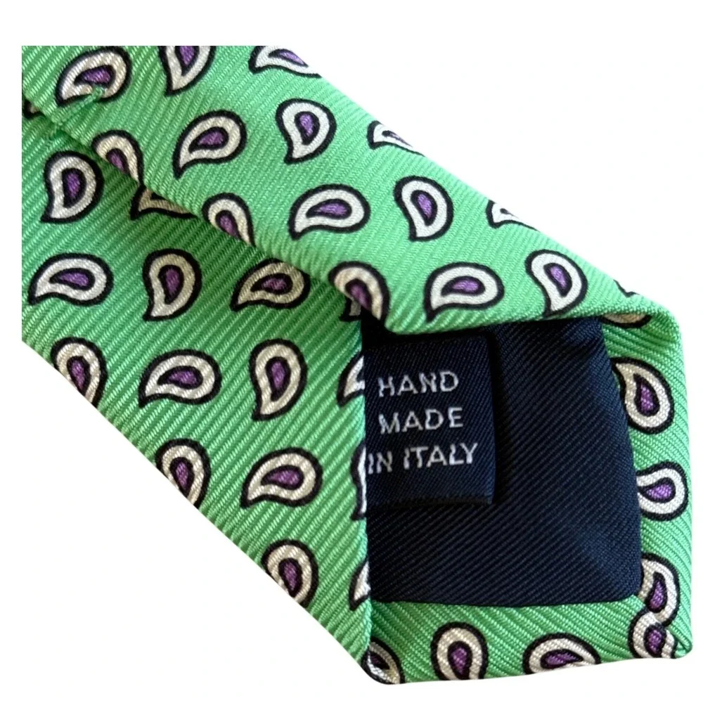 Polo Ralph Lauren Silk Necktie Mens Green Paisley Hand Made In Italy Classic Tie